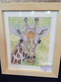 A painting of a giraffe's head set against a green backdrop.